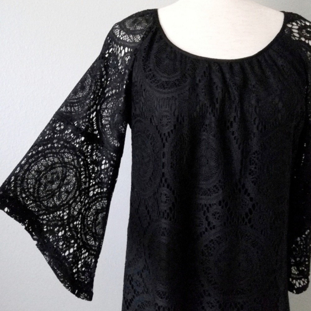 Tacera Black Lace Overlay Wide Sleeve Dress, Size Small